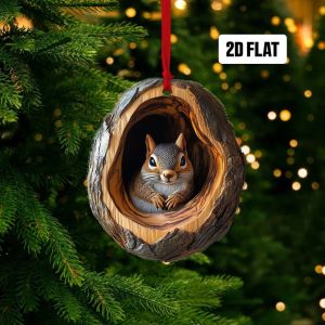 Acrylic Animal in Tree Trunk Christmas Hanging Ornaments Cute BunnyOwlSquirrel & Hedgehog Design Festive Pendant for Home Gift