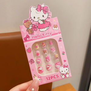 Anime Hello Kitty12Pcs Kuromi Melody Pochacco Kids False Nail 11-15Mm KT Cat Short Fake Nail Tips Press On Nail Girl Tips Gifts
