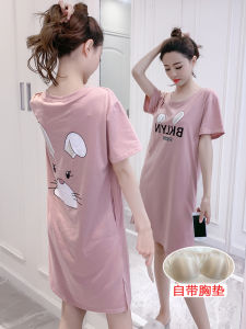 Váy Ngủ Cotton Nguyên Chất Tay Ngắn Có Đệm Ngực Váy Ngủ Nữ Phong Cách Hàn Quốc in Họa Tiết Hoạt Hình Mặc Ở Nhà Mùa Hè