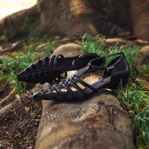 Hollow T-Strap Block Heel Pointed Toe Mary Jane Roman Sandals