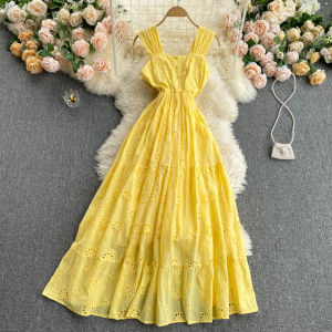 Bohemian Holiday Long Dress Hollow out Square Collar Waist Cinching Slim Design Sensation Lace Trim Dress Korean Style