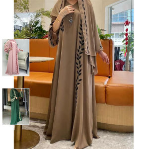 Middle East Dubai Fashion Chiffon Embroider Long Dress Plus Size Womens Clothing Early Autumn Holiday Robe Wearing Headscarf Skirt