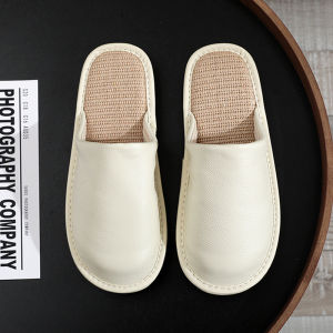 Spring and Autumn Closed-Toe Leather Linen Slippers Male and Female Home Indoor Non Slip Tendon Bottom Soft Bottom Breathable All Year Round