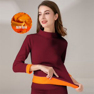 Thickened Long Sleeve Fleece Lined Warm Base Shirt Slimming INS Pure Color Simple Style Inner Wear Top for Autumn Winter