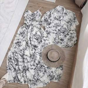 Set đôi đi biển sơmi nam phối váy hoa 2 dây dáng dài họa tiết lá tre