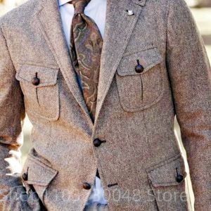 Mens Suit Brown Herringbone Blazer Prom Tuxedos Wool Tweed Notch Lapel Single Breasted Bussiness/Wedding Jacket (Only Coat)