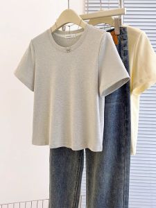 Short Shoulder O-Neck Pure Color T-Shirt Womens Summer New Style Simple Match round Neck Short Sleeve Cotton Polyester Blend