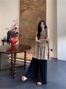 New Chinese Style Cherry Print Sleeveless Neck Hanging Dress Women Summer Loose Vest Dress Slimming Doll Shirt Short Skirt