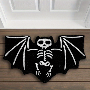 VIKAMA Halloween Bat Skeleton Shaped Doormat Black White Bone Print Dust Removal Non Slip Outdoor Front Door Decor Floor Rug