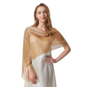 Women Fashion Gold Silver Silk Scarf Shawl Summer Sunscreen Thin Bright Yarn Bride Dinner Party Dress Silk Scarf with Long Tassel