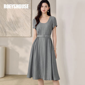 Elegant Grey Belted Dress Fashionable Commute Style Summer New Arrival Simple Tied Skirt Midi Length A-Line Silhouette