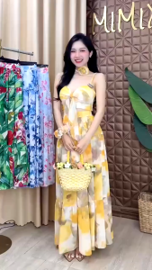 QC_Set đi biển chân váy maxi Voan loang vàng nữ cao cấp dáng dài xoè phối áo bra có mút ngực kèm phụ kiện hoa đeo cổ