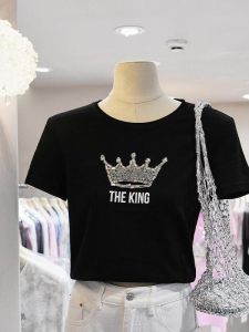 Summer Womens Short Sleeve T-Shirt Diamond Embedded Cotton Pure Stitching Slim Fit Retro American Style Citywalk Fashion