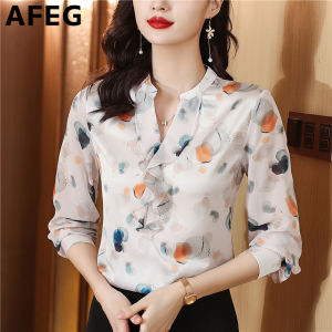 AFEG new Korean version V-neck ruffled fashion loose all-match chiffon print long-sleeved blouse for women