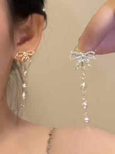 Sweet Dream Butterfly Knot Pearl Tassel Earrings 925 Silver No Piercing Mosquito Coil Clip-Ons Fashionable Jewelry Accessories