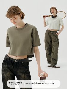 714street เสื้อยืดแขนสั้นสีบริสุทธิ์ ผู้หญิง เสื้อชั้นฐานปุ่มท้อง Baring เสื้อท่อนบน ทันสมัย เยาวชน ผ้าฝ้าย Tee