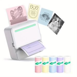 Thermal Mini Printer - Portable Wireless Rechargeable Lithium Battery 1 Roll of Thermal Paper + 5 Rolls of Colorful Stickers