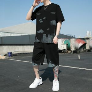 ROMON | Lormen Mens Ice Silk Short Sleeve T-Shirt Set Summer Thin Cotton Pure Casual Sport Two-Piece Trendy Youth Print Fashionable