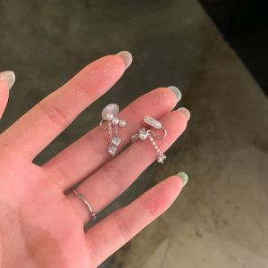 Elegant Pearl Heart Shining Zircon Tassel Earrings Womens Fashion Jewelry No Piercing Clip-Ons Korean Style Alloy Embellished