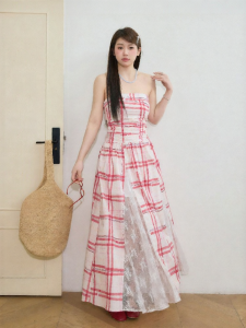 JULULOOK | Đầm Caro Kết Hợp Ren Không Dây Kích Thước Lớn