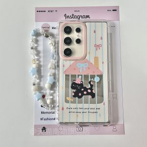 Samsung S25 Ultra Phone Case New Mirror Protection Cover S24 plus Cute Black Cat Simple Creative Soft Edge Hard Back Case S23U with Star Hand Hanging Rope Luxury Women
