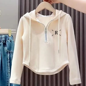 Girl T-shirt Long Sleeve Spring and Autumn Bottoming Shirt Western Style Fashion Hooded Sweatshirt Casual Children High Waist Crop Top