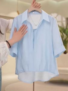 Large Size Silk Chiffon Polo Collar Shirt Casual Lightweight Short Sleeve Loose Fit Summer Office Uniform Womens Top
