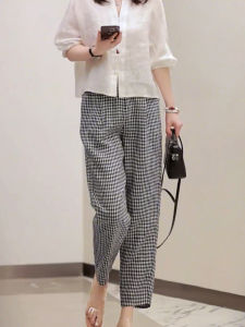 Simple Black White Plaid Casual Pants Women Summer New High Waist Loose Straight Thin Small Size Nine Points Trousers
