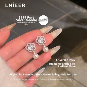 Lnieer | 999 Silver Sparkling Zircon Rose and Pearl Earrings