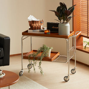 Portable Double Layer Tea Table Small Cart Solid Wood Home Convenient Storage Rack Living Room Sofa Side Table Tea Water Cabinet Dining Cart