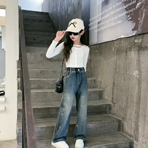 130-160cm กางเกงยีนส์เด็กผู้หญิง กางเกงขายาวเด็กแฟชั่น เอวสูง การออกแบบโบว์ น่ารัก【จัดส่งจากประเทศไทย】