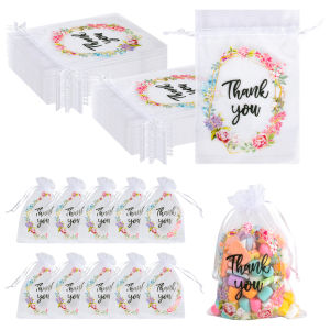 20/40pcs 15x10cm Thank You Letter Organza Bags Mesh Drawstring Gift Bags Wedding Flotal Favors Pack Bags Birthday Party Supplies
