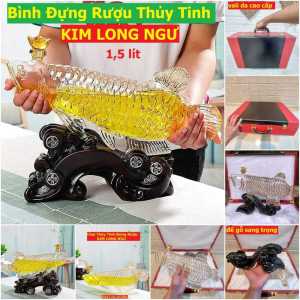 Bộ vali Bình Thủy Tinh Đựng Rượu cá kim long 1500ML cao cấp – kèm vali da và đế gỗ - Chai Đựng Rượu Thủy Tinh làm quà tân gia sinh nhật ý nghĩa