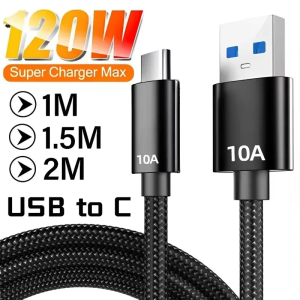 120W 10A Cable Super Fast Charge Cable USB A To Type C Data Cord Braided Cable For Xiaomi iPhone Quick Charging Cable 1/1.5/2/3M