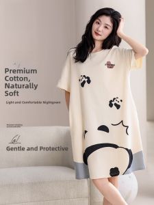 miiow | Pure Cotton Sleep Dress Women Summer With Chest Pad Loose Breathable Girls Nightgown Home Clothes Cartoon Panda Design