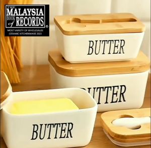 🔥Ready Stock🔥Ceramic Butter Box Sealing With Wood Lid Knife /Cheese Storage Tray Plate Fridge Kitchen Storage Container