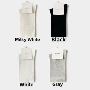 White Cotton Womens Socks Thin Summer Mid-Calf No-Cuff Long Tube Spring Season Breathable Absorbent Home Comfort Stockings