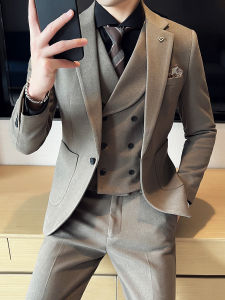 ชุดสูทผ้าขนสัตว์หนาสำหรับผู้ชาย ชุดแต่งงานฤดูหนาว สีกรมท่า ชุดสูทผู้ชายแบบลำลอง ทรงหลวม ทรงปกติ เสื้อโค้ทติดกระดุม เสื้อคลุมกันหนาว ผ้าฝ้ายผสม