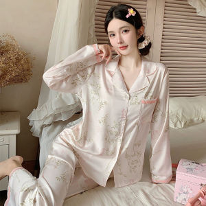 Elegant Ice Silk Long Sleeve Womens Sleepwear Set Spring Autumn Luxury Home Clothes Outdoor Wearable Floral Print Pajamas