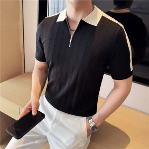 Áo Thun Polo Nam Mùa Hè Ice Silk Mỏng Tay Ngắn Dệt Kim Sọc Tối Nửa Khóa Kéo Màu Khối Cổ Polo Cao Cấp