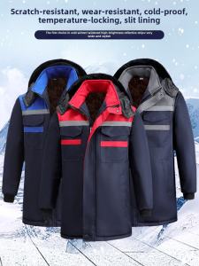 Winter Men Fleece-lined Warm-Keeping and Cold-Proof Cotton-Padded Clothes Parka Abrasion Resistant Mid Length Long Length Cotton-Padded Clothes Reflective Stripe Labor Protection Clothing Cold Storage Clothes