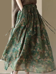 Váy Midi Họa Tiết Hoa Màu Xanh Lá Cây Đậm Cho Nữ Váy Chữ a Cạp Cao Có Lớp Lót Bên Trong Váy Mùa Hè 2025