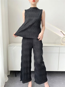 Miyake เสื้อกล้ามจีบผู้หญิงลำลองแขนกุดคอสูงเข้ารูปพอดี # S-1173 # K-1174 (เสื้อกล้ามและกางเกงแยกจำหน่าย)