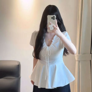 plus Size Womens French Vintage V-Neck Pleated Belted Shirt Summer Waist-Cinching Short Sleeve Top Korean Style Commute Fashion