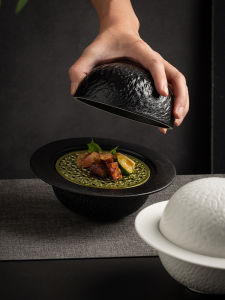 QNMUSUNC Ceramic Soup Bowl with Lid for Restaurant And Home Use Sushi Serving Dish Hotel Commercial Grade round Shape Dish