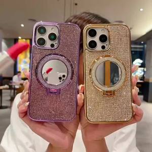 Ốp Điện Thoại iPhone 17/16/15/14/13/12 Pro Max Plus Chống Sốc Màu Trơn Có Chân Đế Trang Trí Đá Pha Lê Lấp Lánh