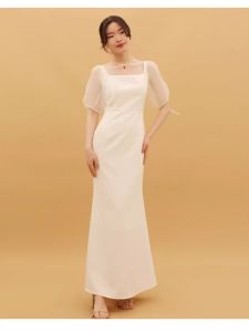 French Style Travel Wedding Dress Slimming Registry Dress Vintage White Dress Short Sleeve Long Dress mid Waist Bubble Sleeve