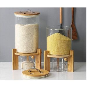 Glass Rice Dispenser Rice Storage ContainerFlour and Cereal Container with Airtight Lid and Wooden Stand