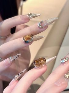 Handmade Long Sharp Pure Ice through Luxury Champagne Diamond French Gradient Leopard Print Cat Eye False Nails Wearable False Nails
