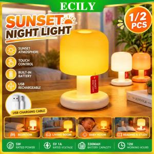 ECILY 🔥1/2pcs🔥 Sunset Lamp Night Light USB Rechargeable LED Table Lamp Dimmable Atmosphere Mood Light Bedroom Bar Room Decor 5W Portable Desk Lamp